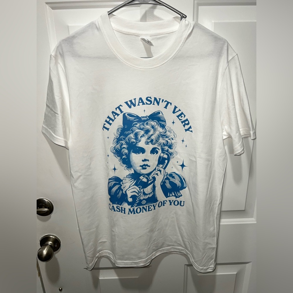 White T-Shirt with Blue Graphic Print